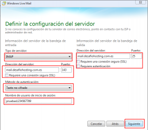 Configuración del servidor en Windows Live Mail