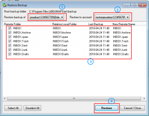 Configuración de restauración de backup en IMAPSize
